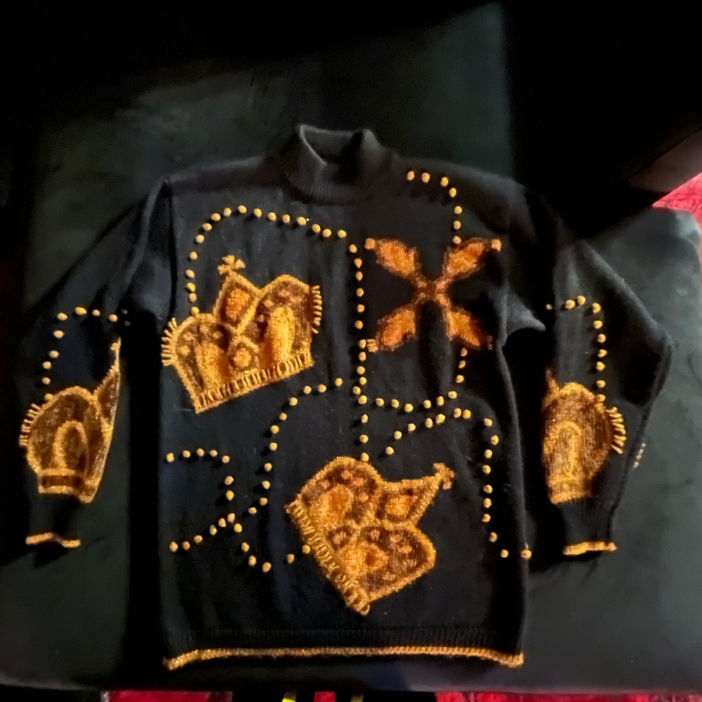 Vintage Black and Gold Crown Pattern Sweater Wool Size Small